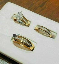 1.81CT Round Cut VVS1 Diamond His/Her Wedding Trio Ring Set 14K Yellow Gold FN - £112.47 GBP
