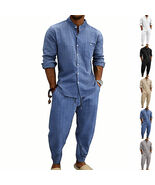 High-street Striped Henley Shirt Jogger Pants - $35.28