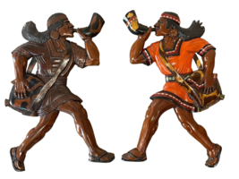 Vintage Native American Indian Wood Wall Plaque Art Horn Blower Warrior Pair 20&quot; - £58.97 GBP