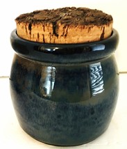 Studio Art Pottery Jar Crock w/ Natural Cork Lid  Blue &amp; Multi 4.25&quot;H 4&quot;W Signed - £10.62 GBP