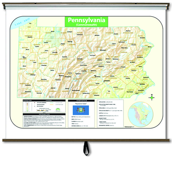 Pennsylvania Large Scale Shaded Relief Wall Map On Roller With