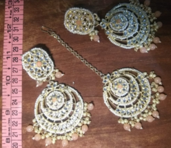 Indian Joharibazar GoldPlated Kundan Earring Jhumka Tikka Tika Jewelry Beige Set - £20.72 GBP