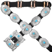 Native American Navajo Hand Stamped Silver &amp; Turquoise Concho Concha Belt - £385.67 GBP