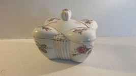 Vintage Moss Rose covered trinket dresser box butterflies porcelain gold - $30.48
