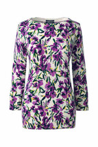 Lands End Women&#39;s 3/4 Sleeve Supima Crew Print Sweater Purple Beet Flora... - $24.99