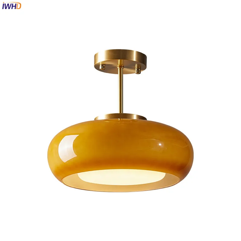 IWHD Yellow Glass LED Pendant Lights Fixtures 40W Copper Bedroom Living ... - $105.60