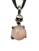 Silver Tone Metal Skeleton Holding Rose Quartz Stone Sphere Pendant Gothic - $10.00