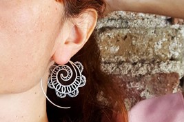 Silver Spiral Ethnic Earrings, Gypsy Loop Earrings for Belly Dance, Tribal Hoops - £14.98 GBP