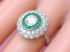 Art Deco 1.65ctw Brilliant Diamond .5ctw Emerald Halo Engagement Cocktail Ring - £4,696.82 GBP