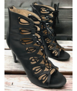 Nine West Leslie Black Leather Heeled Cage Dress Sandals Size 7M - $32.49