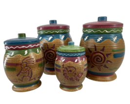 Lot of 4 2005 WMG&#39;05 Ceramic Southwestern Style Canister  Aztec Sun Kokopelli - £49.27 GBP