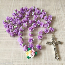 Catholic ROSARY-PURPLE Rose Flower soft Ceramic bead with a Crucifix - $15.44