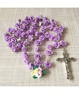 Catholic ROSARY-PURPLE Rose Flower soft Ceramic bead with a Crucifix - £12.11 GBP