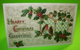Christmas Postcard Embossed Hearty Greetings Holly Birds Series 2373 German 1911 - £9.14 GBP
