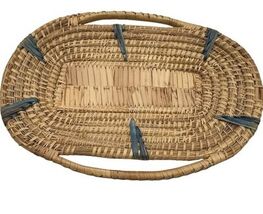 Vintage Woven Shallow Oval Basket Wall Hanging Blue Accents Flat Handles... - $19.38