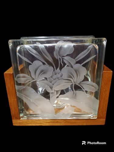 Primary image for Vintage Orchid Etched Glass Block Vase With Wood Base Frank Oda? From Hawaii