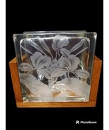 Vintage Orchid Etched Glass Block Vase With Wood Base Frank Oda? From Ha... - £78.21 GBP
