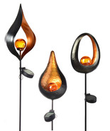 Solar Garden Stakes Metal Set of 3 Flame Design Black Orange 36&quot; High Fire - £77.66 GBP