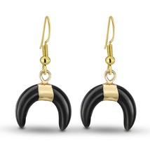 Elegant Crescent Moon Black Onyx Stone and Gold-Plated Silver Dangle Earrings - £15.90 GBP