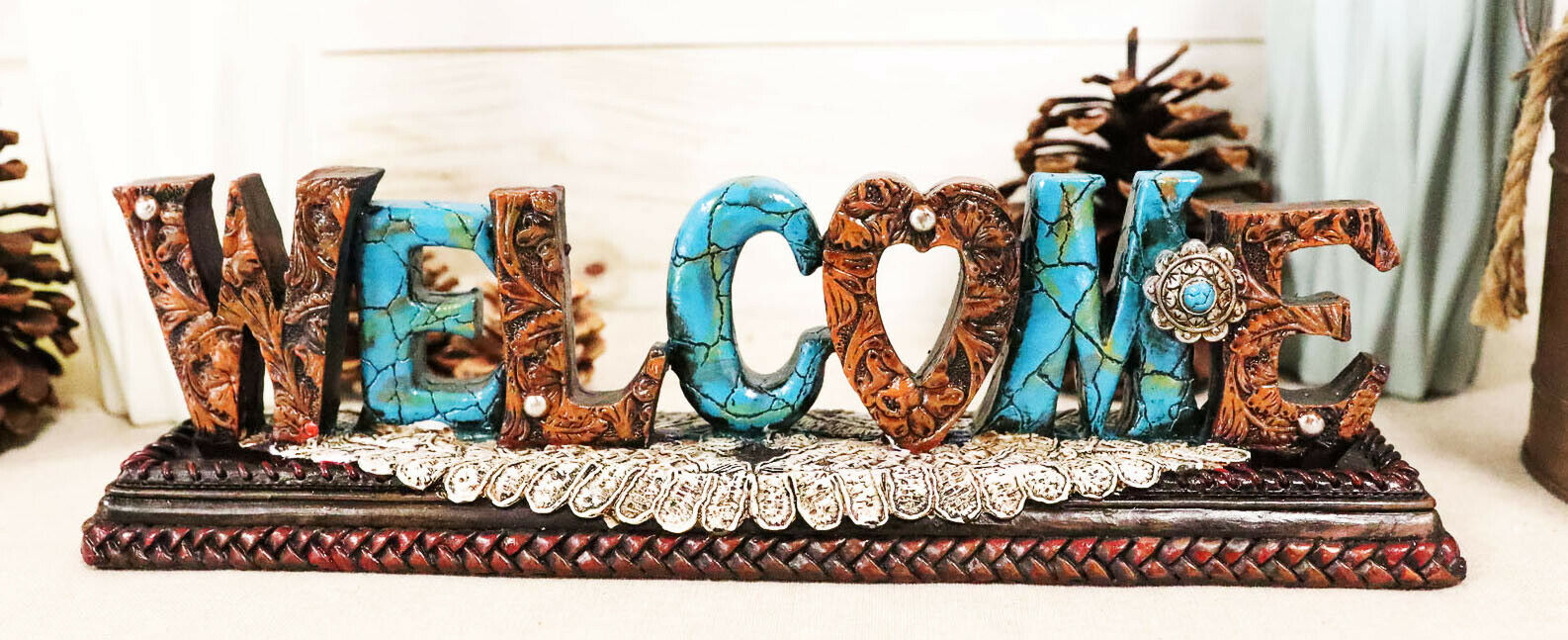 Rustic Western Tooled Leather Scrollwork Turquoise Rocks Welcome Desktop... - $23.99