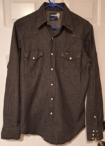 Vtg Wrangler Western Shirt Mens 15.5/35 L Black Denim Pearl Snap X Long Tail USA - £23.71 GBP