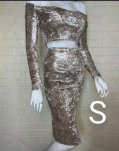 Gold Velvet Stretch OutfitSet Off Shoulder CropTop &amp; Knee Length Skirt  ... - £25.33 GBP