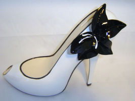Stiletto Shoe Money Bank White Resin with Black Bow 7" High Savings Woman Gift image 5