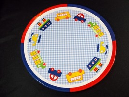 Round Transport melamine plate blue gingham truck ship car helicopter  8&quot; - $3.25