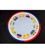 Round Transport melamine plate blue gingham truck ship car helicopter  8&quot; - £2.42 GBP