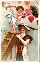 Valentine Clapsaddle Cupid Dusting off Hearts Fancy Woman &amp; Ladder Postcard X13 - £12.02 GBP