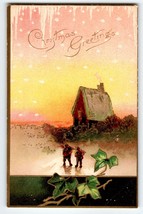 Christmas Greetings Postcard Snow Flakes Cottage Icicles Rustic Embossed Vintage - £7.10 GBP