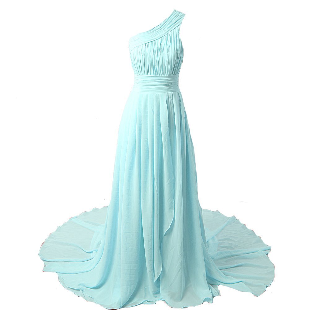 Kivary Women's One Shoulder Chiffon Simple A Line Pleats Court Train Prom Evenin