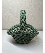 Vintage 1950s Open Weave Small Green Ceramic Easter Basket With Handle - $13.03 CAD