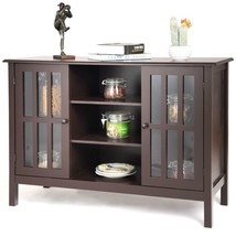 Brown Wood Sofa Tale Console Cabinet with Tempered Glass Panel Doors - $331.49