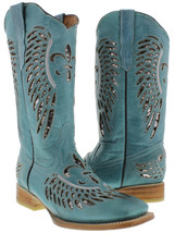 Womens Western Wear Boots Turquoise Leather Silver Sequins Inlay Wings Size 5, 6 - £76.30 GBP