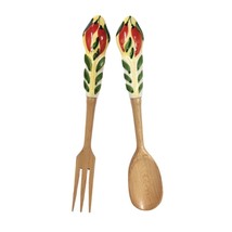 Orvieto Hand-Painted Red Chili Design Ceramic &amp;  Wood Salad Serving Fork &amp; Spoon - £33.62 GBP