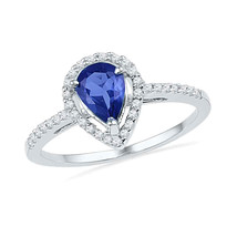 10kt White Gold Womens Pear Lab-Created Blue Sapphire Teardrop Ring 1.00 Ct - £266.21 GBP