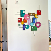 Colorful Wood w/ Metal Wall hanging, Abstract Sqaure wall sculpture 36x36 Art69 - £194.75 GBP
