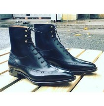New Handmade Men&#39;s Navy Blue Wingtip Brogue Dress Boots Ankle High Leather Boot - £113.87 GBP