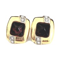 Monet Red Cabochon, Crystal Inlay &amp; Gold Tone Pierced Earrings - £6.91 GBP