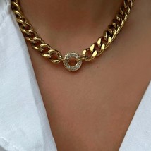 18K gold plated choker Cuban chain pendant necklace Women tarnish free - $36.24