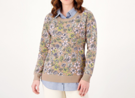 Denim &amp; Co. Printed French Terry Long Sleeve 2Fer Top Taupe Pink, Large - £20.85 GBP