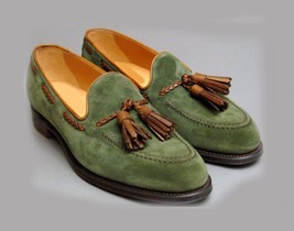 Apron Toe Green Color Handmade Premium Leather Tassel Loafer Slip Ons Men Shoes - £117.69 GBP+