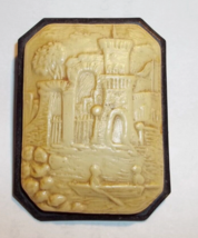 Vintage Puffy Molded Celluloid Cameo Style Pin Castle Scene Row Boat #2 - £7.87 GBP