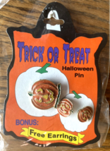 Vintage Halloween Carved Pumpkin Enamel Brooch Pin &amp; Matching Earrings New - $242.67 MXN