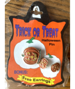 Vintage Halloween Carved Pumpkin Enamel Brooch Pin &amp; Matching Earrings New - $242.67 MXN