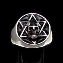 Sterling silver ring Skull on Hexagram Star Occult symbol with Black enamel high - £91.90 GBP