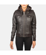 Women's Brown Bomber Zipper Fabric Hoodie Biker Leather Jacket - $189.99