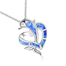 Inlay Opal Hawaiian Dolphin In Heart Solid 925 Sterling Silver Slider Pendant - £31.14 GBP