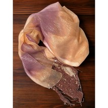 Shimmering Scarf Wrap Sequin Fringe Peach Purple Tones Shiny Stripes 72&quot; - £13.28 GBP